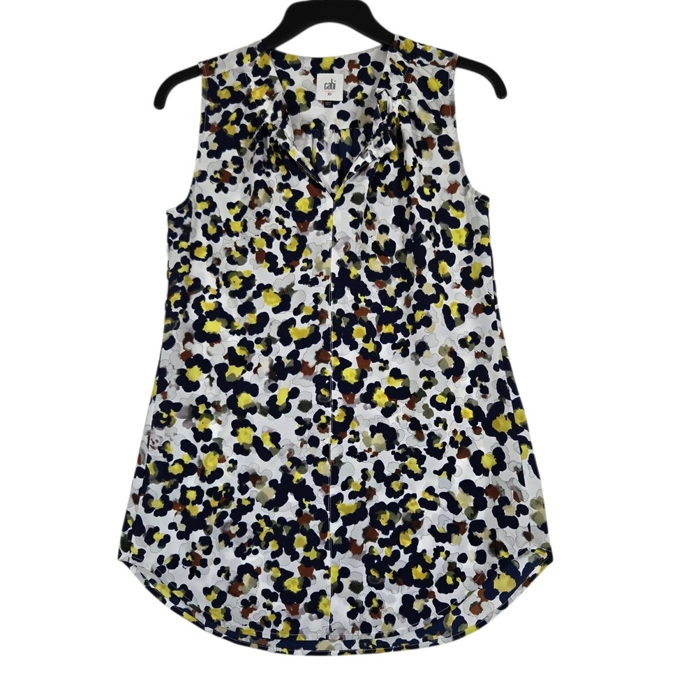 Cabi Fierce Sleeveless Blouse Womens XS Blue White Print Notched Neckline